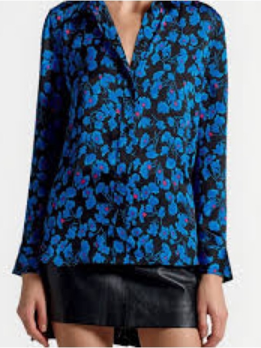 Equipment Blue Floral V-Neck Silk Blouse with Black Base